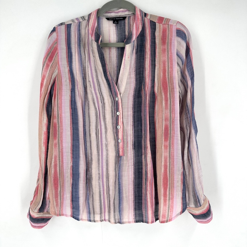 Zac & Rachel Gauzy Stripe Blouse Size S Henley Button Front Roll Tab Sleeve